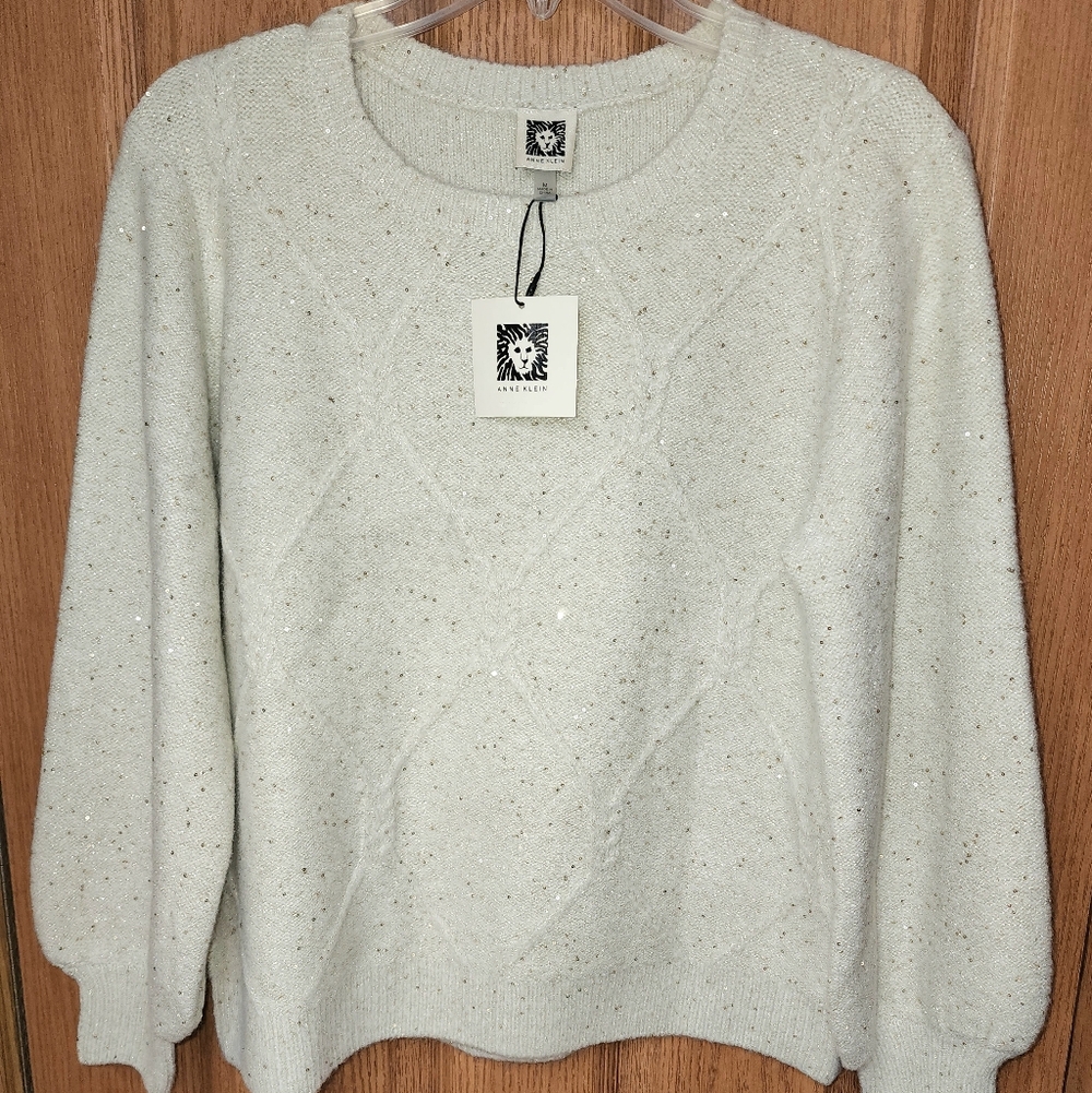 NWT Anne Klein Cream & Gold Sequins Sweater Women's Size M